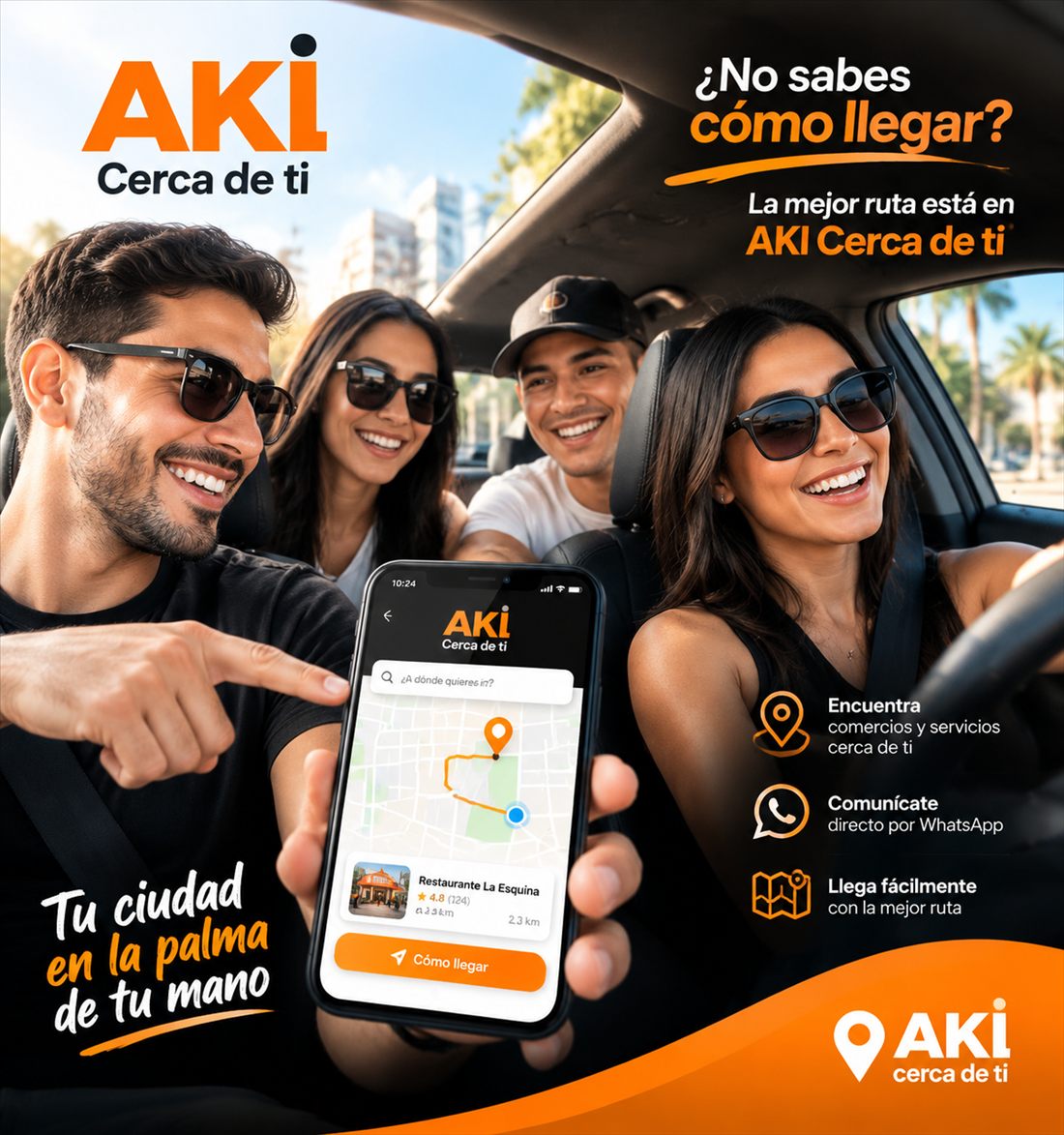 Grupo de amigos en un carro usando AKi para encontrar la mejor ruta
